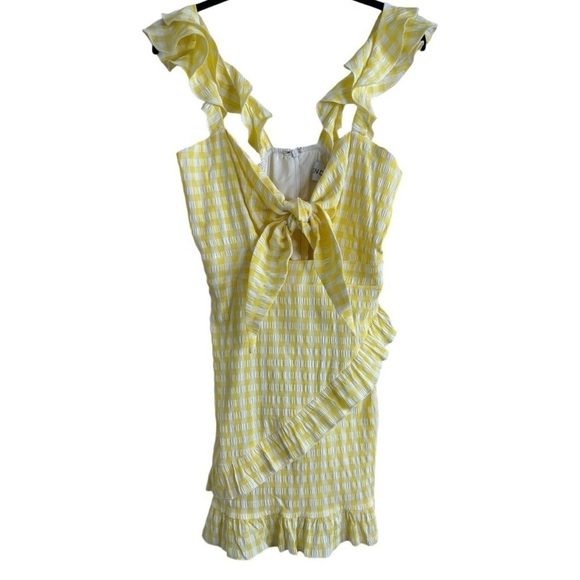 SNDYS The Label Tie Front Yellow Gingham Ruffle Mini Dress Large - Picture 2 of 11